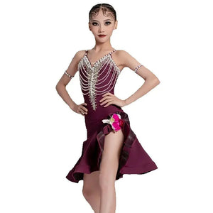 Girls' Burgundy Embellished Beaded Ruffle Latin Dance Dress with Floral Detail