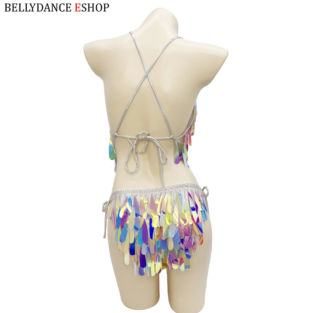 Women's Iridescent Sequin Fringe Halter Bodysuit, Belly Dance/Stage Wear
