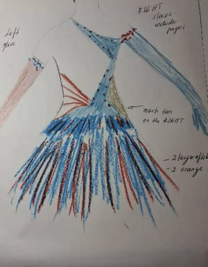 Women's Blue and Orange Fringe Latin Dance Dress with Mesh Details