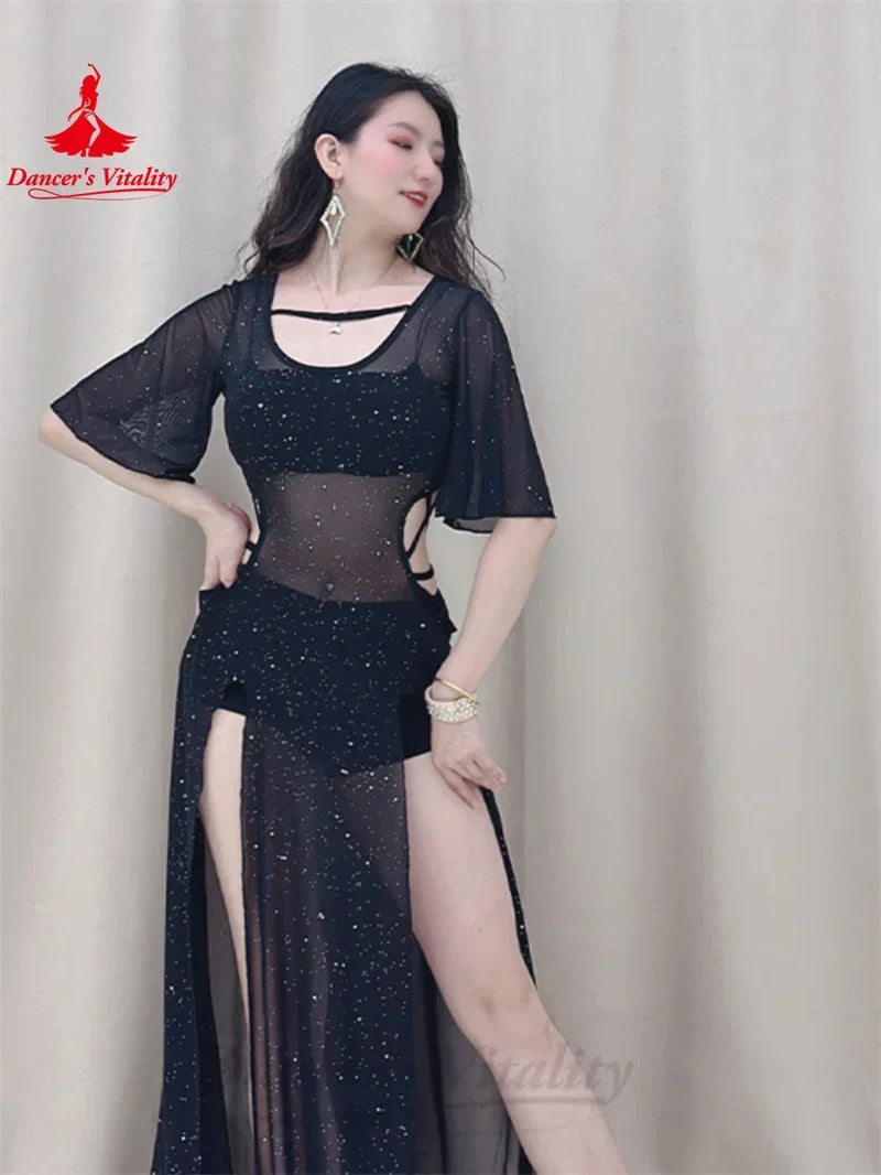 Women's Black Sparkle Mesh Cutout Slit Skirt Belly Dance Dress