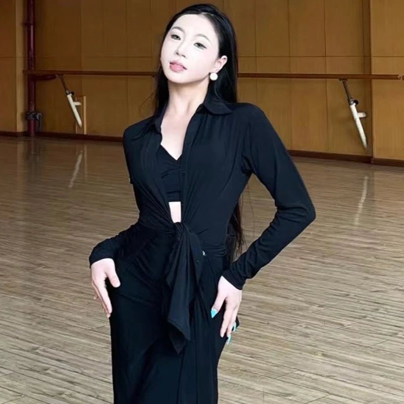 Women's Black Long Sleeve Collared Button-Up Dance Shirt with Slit Skirt - Latin Ballroom Performance Outfit