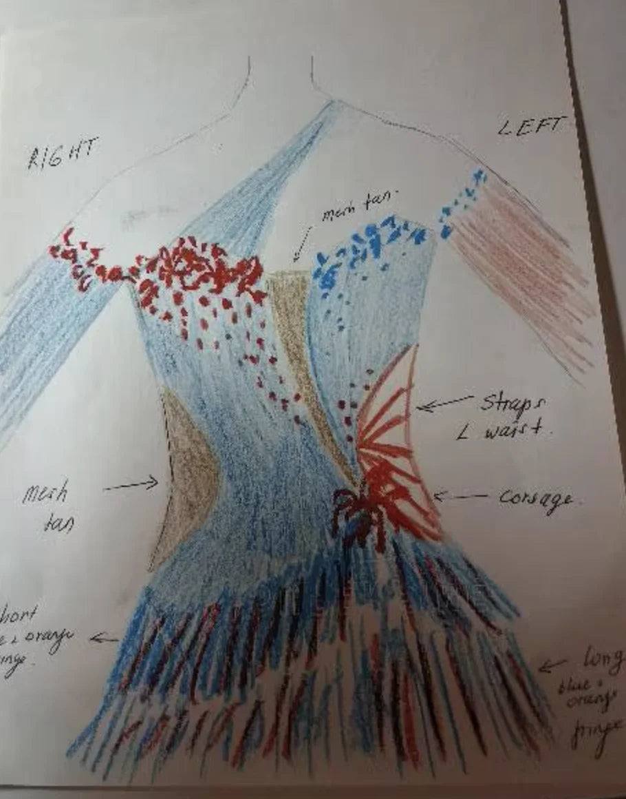 Women's Blue and Orange Fringe Latin Dance Dress with Mesh Details