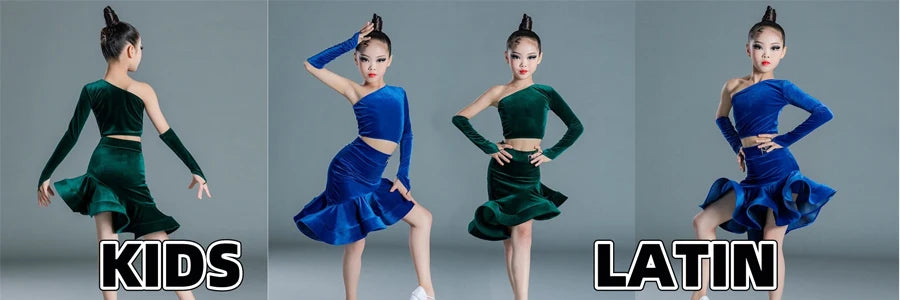 Girls' Teal Long Sleeve Mock Neck Pleated Hem Latin Dance Dress