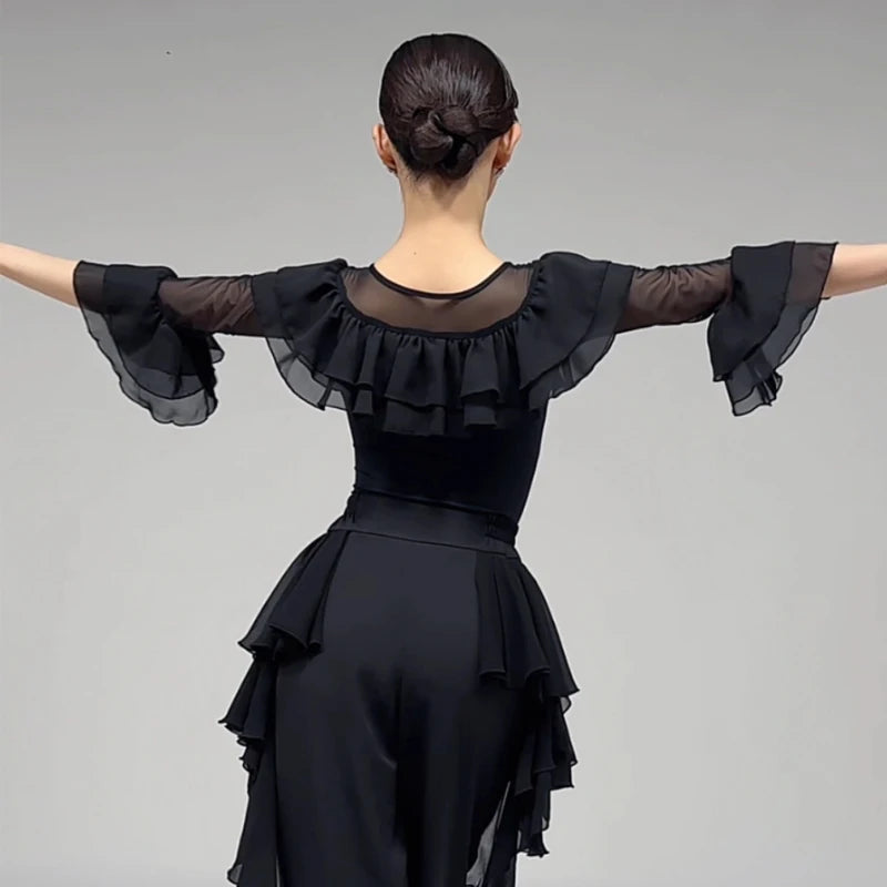Women's Black Ruffled Mesh Long Sleeve Latin Ballroom Dance Top & Pants Set