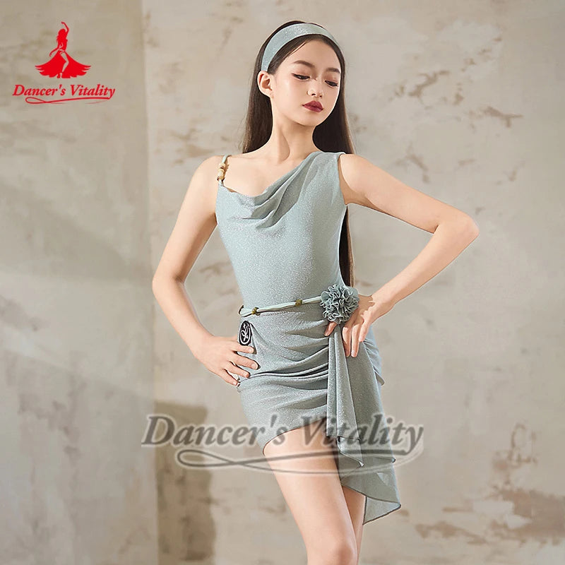 Women's Mint Green Sparkle Asymmetrical One-Shoulder Latin Dance Dress with Headband