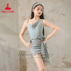 Women's Mint Green Sparkle Asymmetrical One-Shoulder Latin Dance Dress with Headband