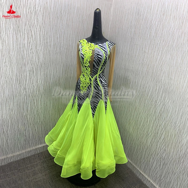 Ballroom Dance Dress Women's Black & White Zebra Print with Neon Yellow Lace & Chiffon Panels, Long Sleeve Standard Smooth