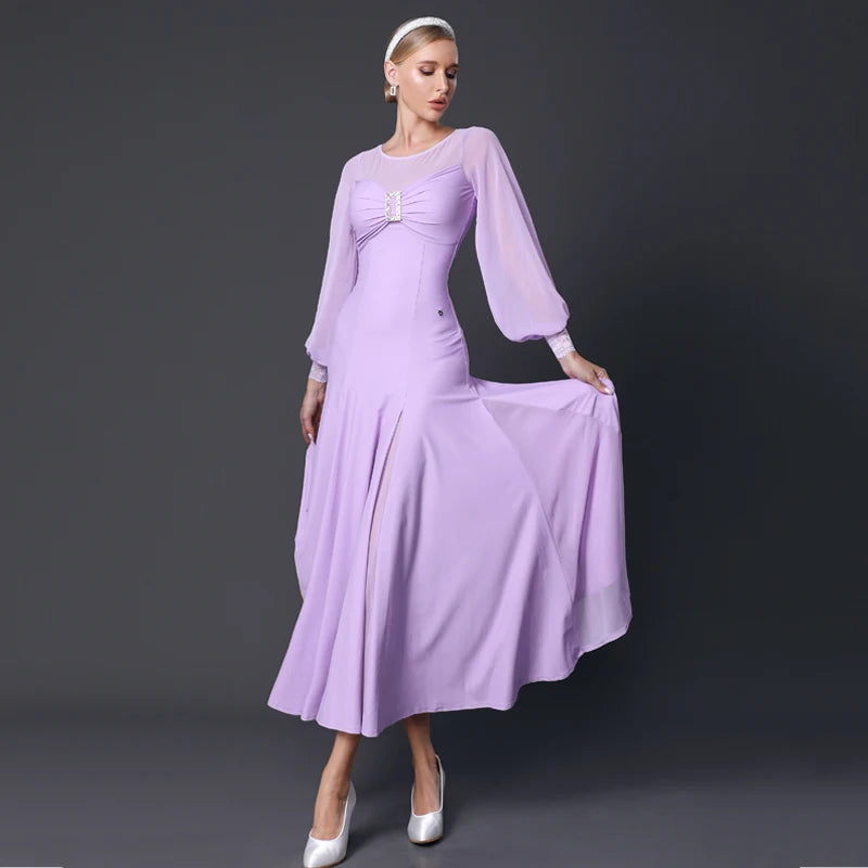 Women's Lavender & Black Sheer Sleeve Ballroom Dance Dress, Mesh & Chiffon, Latin & Standard