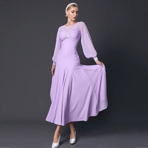 Women's Lavender & Black Sheer Sleeve Ballroom Dance Dress, Mesh & Chiffon, Latin & Standard