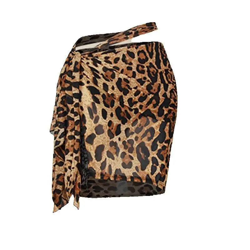 Dance Top and Skirt Set, Women's, Red and Black/Brown Animal Print, Long Sleeve Sweetheart Neck Wrap Crop Top with Asymmetrical Mesh Skirt, Latin Dance