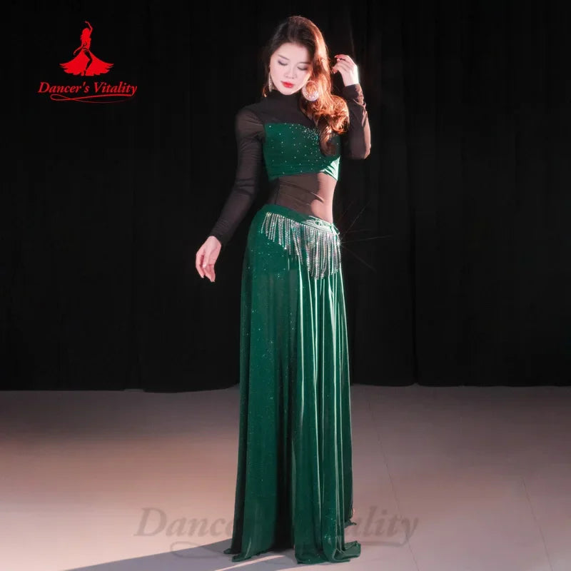 Belly Dance Costume Womens Black Sequin Bustier Top & Slit Skirt Set with Rhinestone Tassel Mask