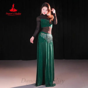 Belly Dance Costume Womens Black Sequin Bustier Top & Slit Skirt Set with Rhinestone Tassel Mask