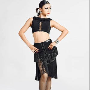 Women's Black Fringe Latin Dance Top and Skirt Set with Lacing Detail, Mesh Neckline