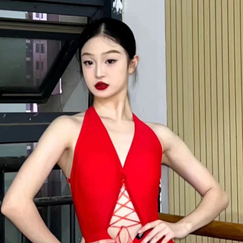 Dance Jumpsuit Women's Red Halter Fringe Latin Dance Bodysuit with Pants, Black Halter Fringe Latin Dance Bodysuit with Pants, Blue Halter Fringe Latin Dance Bodysuit with Pants