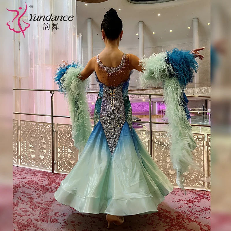 Women's Competition Ballroom Dance Dress With Feather Trim For Performance