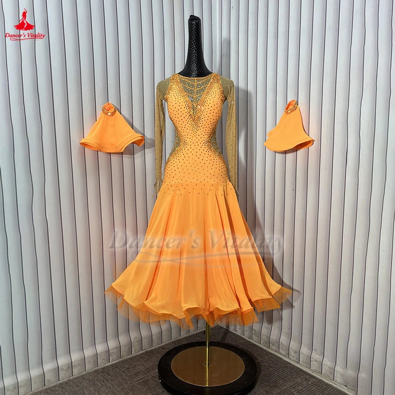 Ballroom Dance Dress With Sheer Mesh Back Light Orange For Women & Girls Competition Waltz Foxtrot Tango