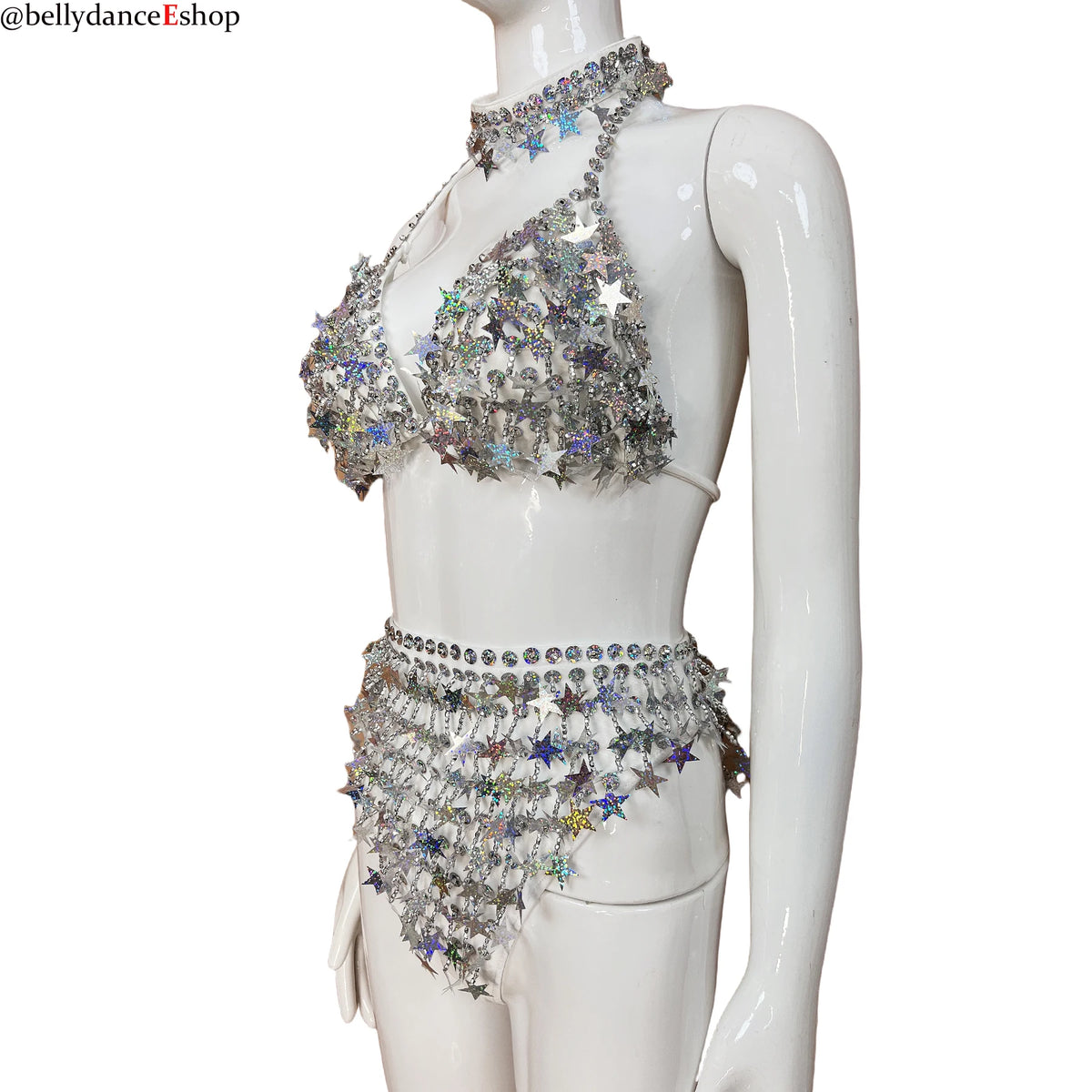 Belly Dance Women's White Sequin Star Halter Top and High-Waisted Briefs Set, Performance & Practice Wear
