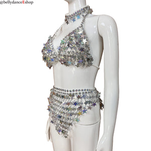 Belly Dance Women's White Sequin Star Halter Top and High-Waisted Briefs Set, Performance & Practice Wear
