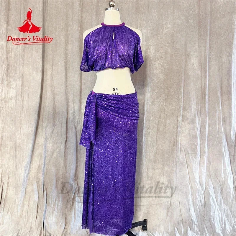 Belly Dance Costume, Women's, Lavender Sequin Halter Crop Top and Draped Slit Maxi Skirt, Performance Wear