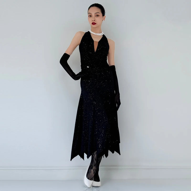 Women's Black Sequin Halter Neck Midi Dance Dress with Gloves and Lace Tights for Ballroom Dance
