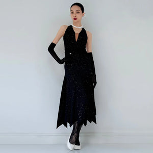 Women's Black Sequin Halter Neck Midi Dance Dress with Gloves and Lace Tights for Ballroom Dance