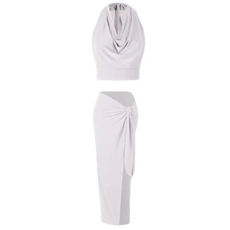 Women's White Halter Neck Draped Cowl Neck High Slit Ruched Maxi Dress for Latin Dance