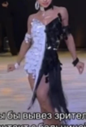 Women's Black & White Sequin Latin Dance Dress with Asymmetrical Hem and Lace Sleeve Detail