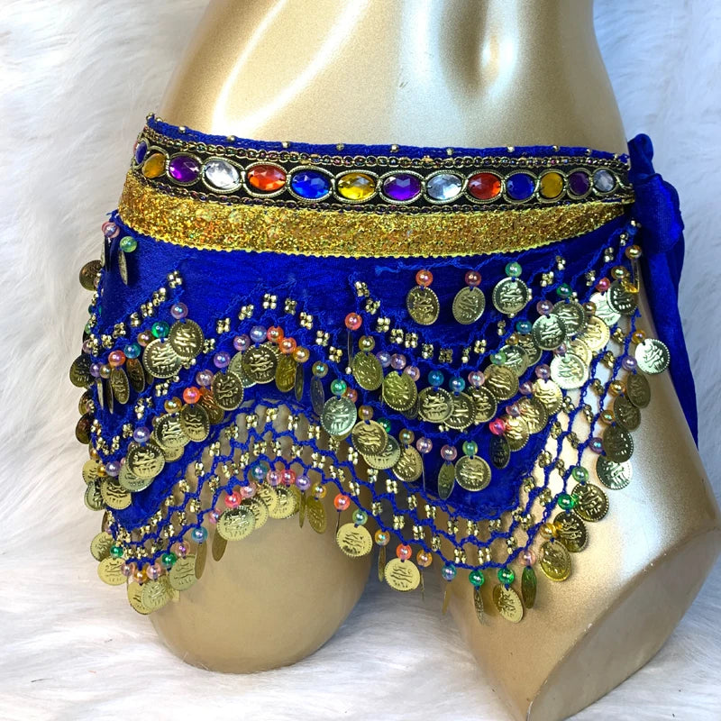Belly Dance Hip Scarf, Women's Blue Gold Coin & Jewel Embellished Chiffon Waist Wrap, Tribal Fusion Bellydance