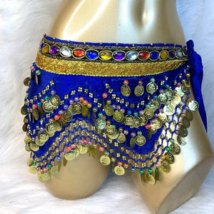 Belly Dance Hip Scarf, Women's Blue Gold Coin & Jewel Embellished Chiffon Waist Wrap, Tribal Fusion Bellydance