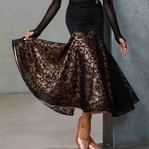 Women's Black One-Shoulder Mesh & Lace Ballroom Dance Dress with Arm Sleeves