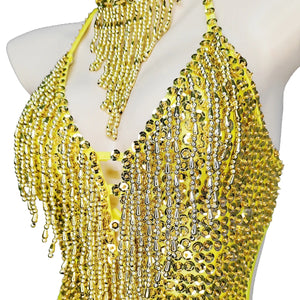 Women's Gold Sequin Fringe Halter Bodysuit with Choker, Latin Dance Costume