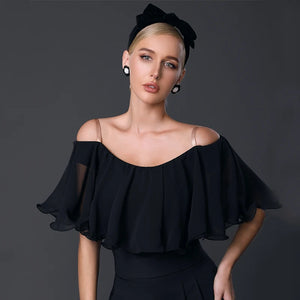 Women's Black Chiffon Off-Shoulder Ruffle Top & Wide-Leg Pants Latin Dancewear Set