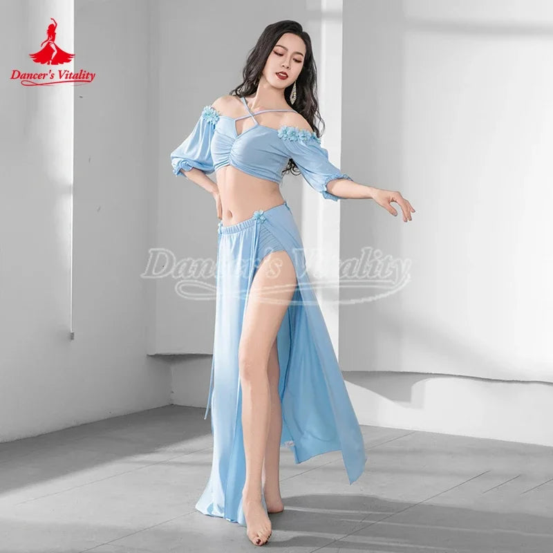 Belly Dance Costume Women Light Blue Chiffon Off-Shoulder Crop Top & High Slit Skirt Set for Oriental Dance Performance