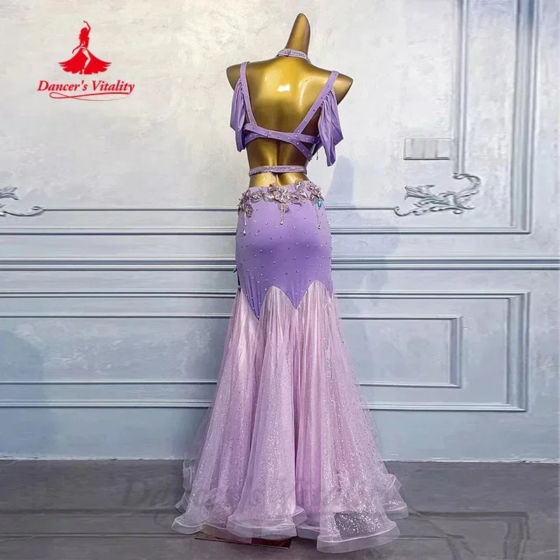 Women's Belly Dance Costume 2-Piece Set With Rhinestone Bra And Fishtail Skirt For Performance