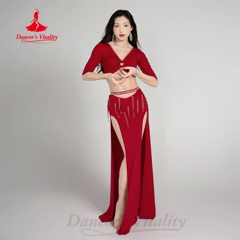Women's Belly Dance Practice Set V-Neck Half-Sleeve Top and Long Split Skirt 2-Piece