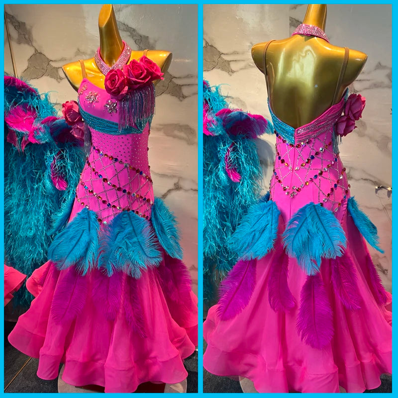 Women's Hot Pink & Turquoise Feathered Rhinestone Ballroom Dance Dress