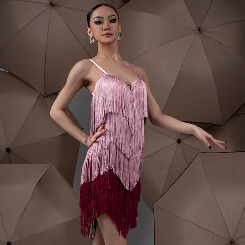 Women's Pink & Burgundy Ombre Fringe Latin Dance Dress