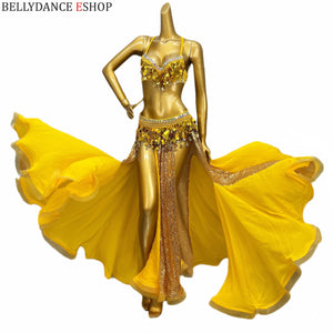 Belly Dance Women's Yellow Sequin Coin Bra and Belt Set with Flowy Chiffon Skirt