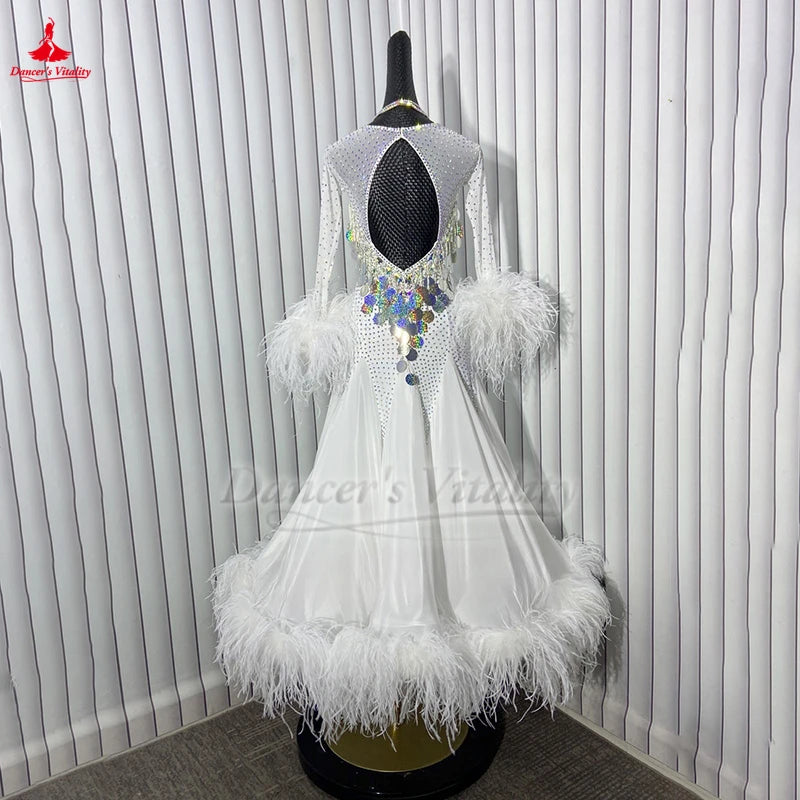 Standard Ballroom Dance Dress With Ostrich Feather Hem Full Swing Skirt White For Adult & Kids Performance