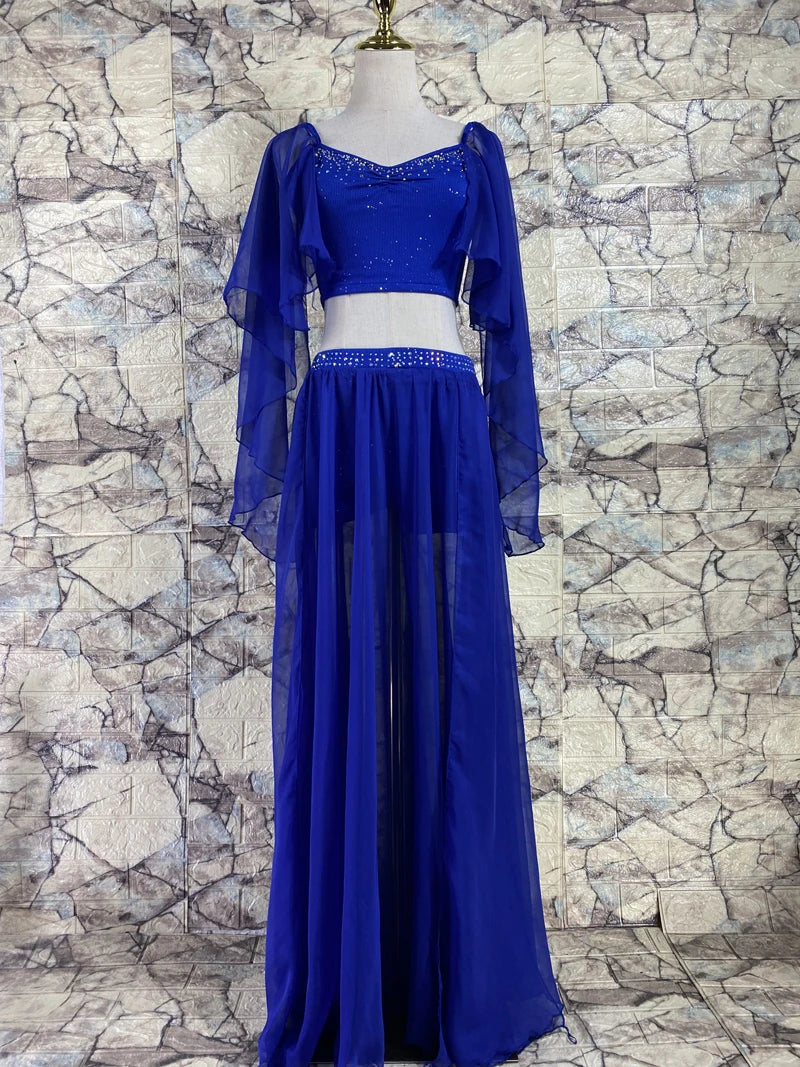 Belly Dance Costume Women's Royal Blue Chiffon & Spandex Crop Top with Sheer Sleeves and Long Skirt with Slits