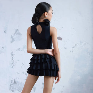 Girls' Pink V-Neck Ruffled Skirt Latin Dance Dress with Floral Choker, Black V-Neck Ruffled Skirt Latin Dance Dress with Floral Choker
