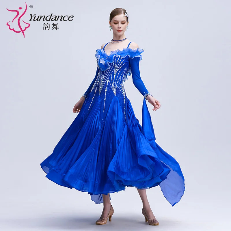 Women's Long Standard Ballroom Dance Dress With Rhinestones In Pleated Fabric For Performance