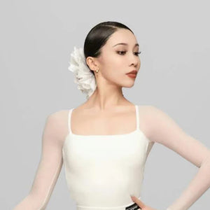 Women's White & Brown Square Neck Long Sleeve Ruffled Latin Dance Dress with Mesh Sleeves