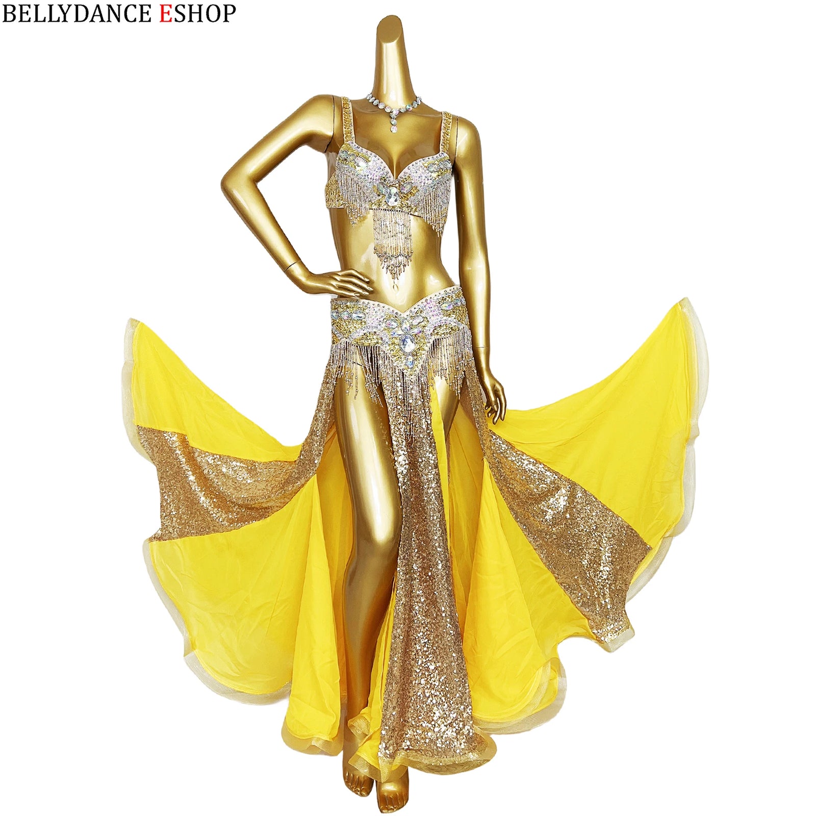 Belly Dance Costume Women Yellow & Gold Sequin Chiffon Bra Belt Skirt Set with Rhinestone Fringe