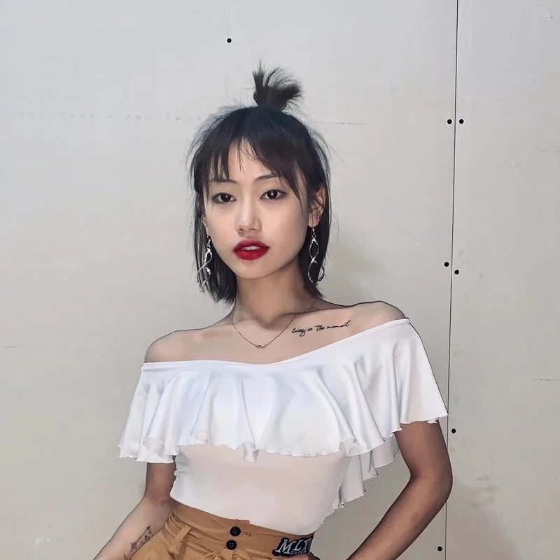 Women's Black & White Off-Shoulder Ruffle Latin Dance Top with Crisscross Back