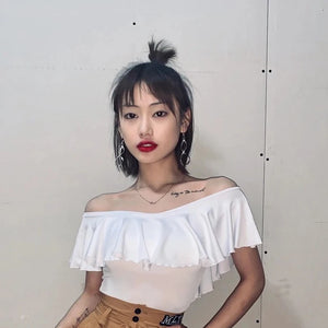 Women's Black & White Off-Shoulder Ruffle Latin Dance Top with Crisscross Back