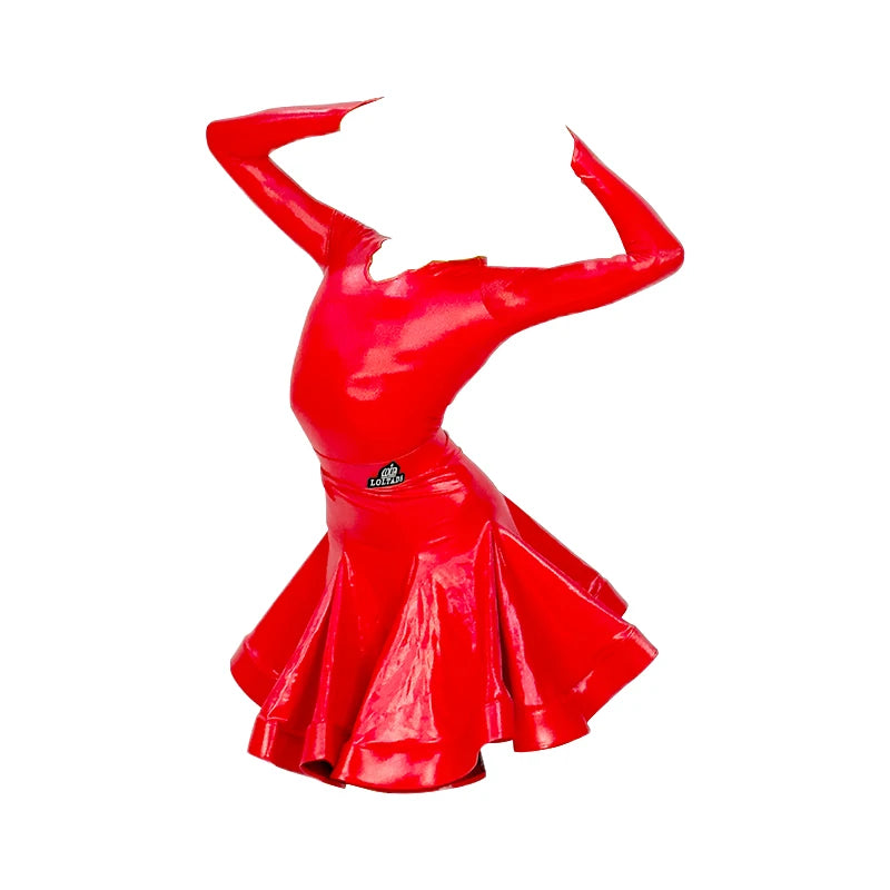 Girls' Latin Dance Dress, Patent Leather, Long Sleeve, V-Neck, Ballroom & Latin Dance