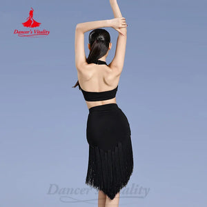Women's Black Halter Crop Top and Fringe Skirt Latin Dancewear Set