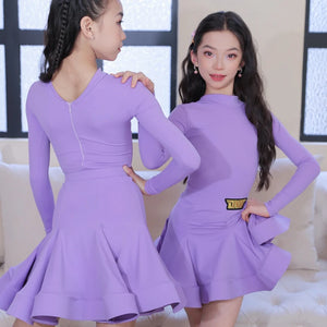 Girls' Neon Green Long Sleeve Mock Neck Pleated Skirt Latin Dance Dress