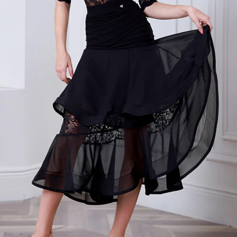Women's Black Lace & Chiffon Ballroom Dance Dress with Ruched Waist and Tiered Skirt